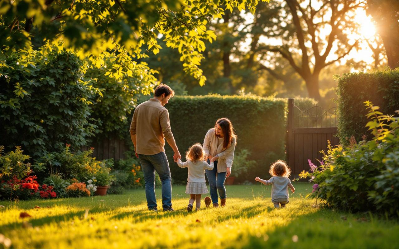 Photo réaliste d'un jardin familial avec une clôture semi-ouverte en bois et une haie verte dense, lumière volumétrique chaude du matin, textures naturelles et ambiance accueillante.