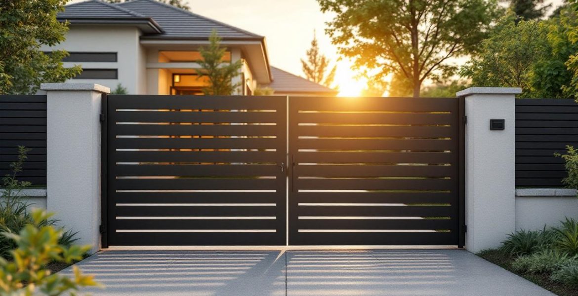 Portail métallique moderne et clôture en métal noir mat devant une maison familiale, allée en béton propre, jardin soigné, lumière douce de coucher de soleil volumétrique, ombres subtiles et ambiance chaleureuse.