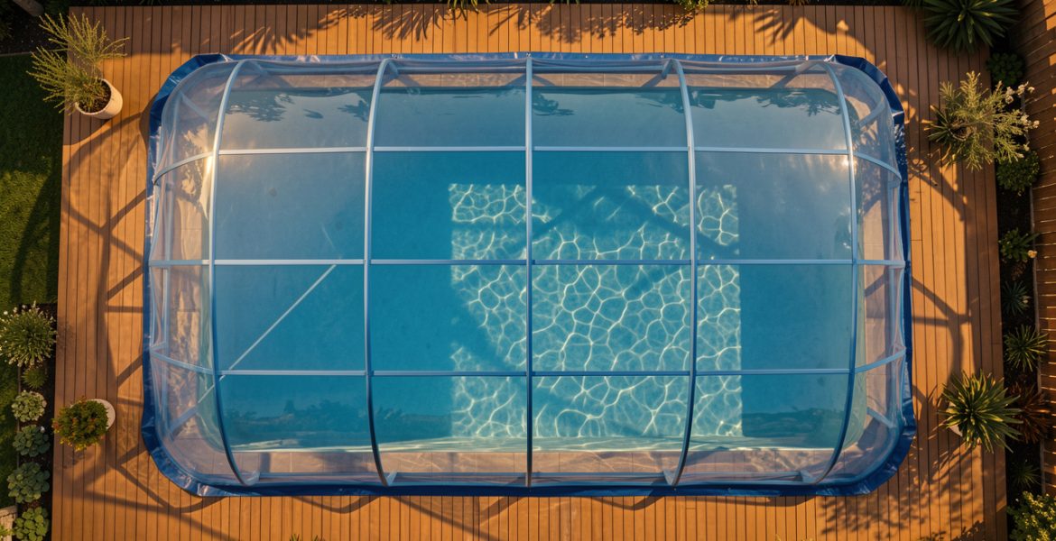 Piscine familiale rectangulaire vue en plongée, recouverte d’une bâche à bulles bleue, avec une terrasse en bois éclairée par la lumière dorée de fin de journée.