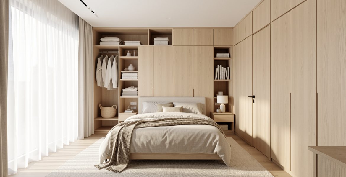 Chambre contemporaine lumineuse avec rangements intégrés, bois clair, textiles naturels et espace de circulation dégagé.