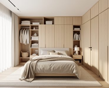 Chambre contemporaine lumineuse avec rangements intégrés, bois clair, textiles naturels et espace de circulation dégagé.