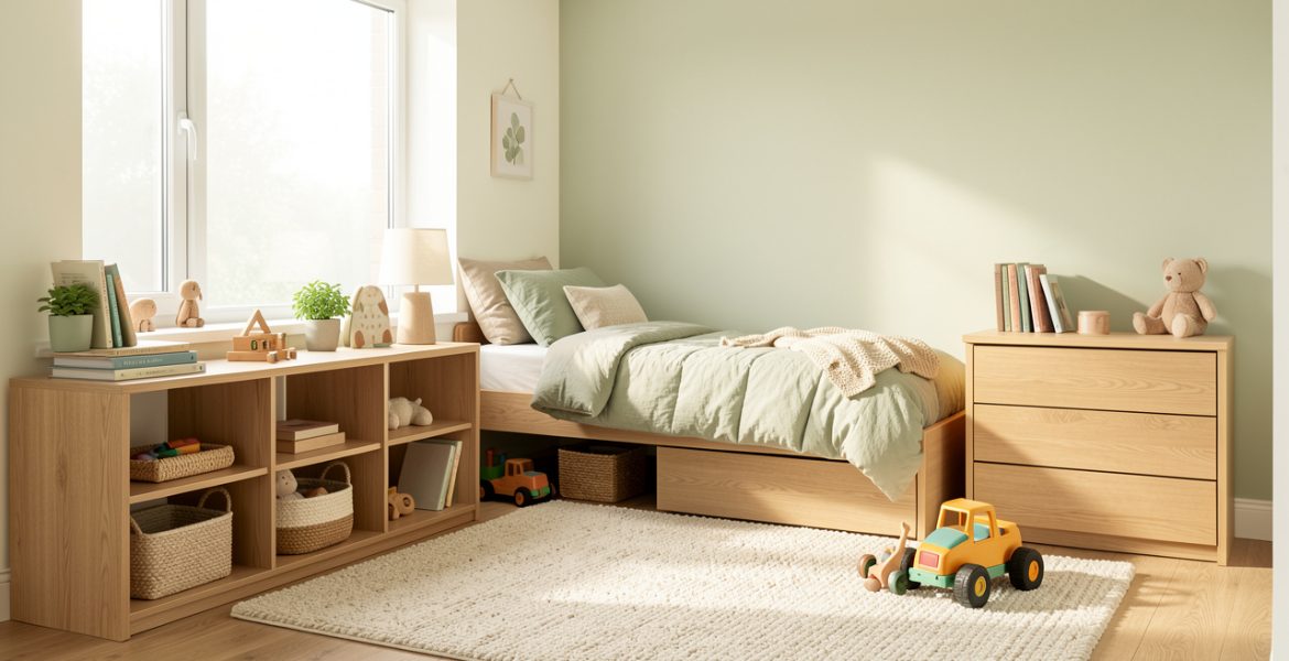 Chambre d’enfant lumineuse et évolutive avec rangements bas, tapis doux et mobilier en bois naturel.