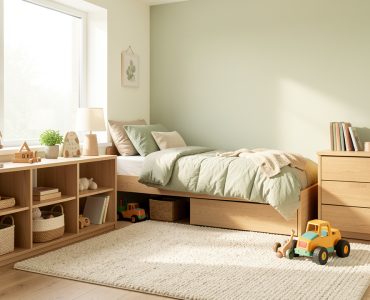 Chambre d’enfant lumineuse et évolutive avec rangements bas, tapis doux et mobilier en bois naturel.