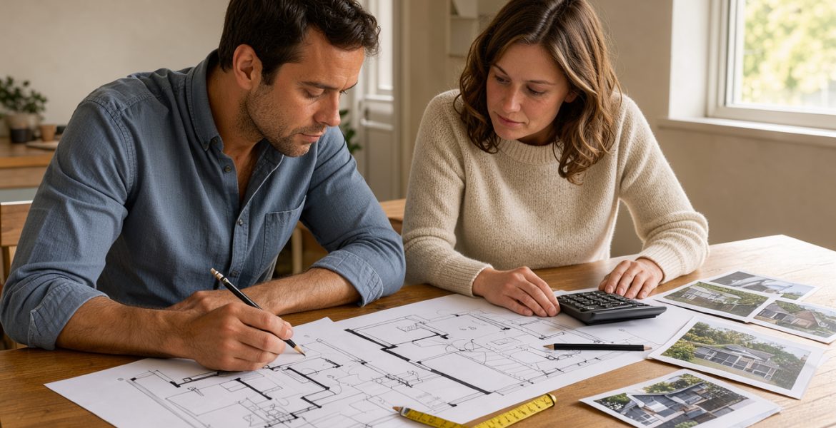 Un homme et une femme préparent ensemble un dossier de rénovation sur une table lumineuse, avec des plans, un mètre ruban, des photos de maison et une calculatrice.