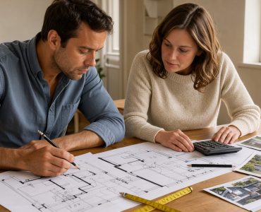 Un homme et une femme préparent ensemble un dossier de rénovation sur une table lumineuse, avec des plans, un mètre ruban, des photos de maison et une calculatrice.