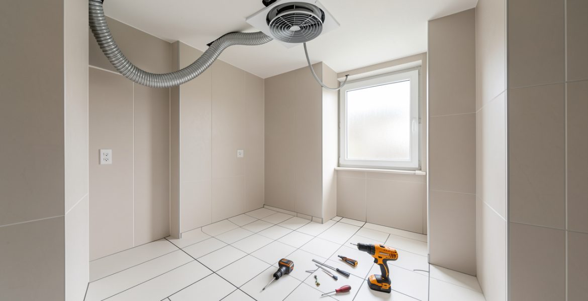 Salle de bains sans fenêtre avec une VMC en cours d’installation au plafond et des joints de carrelage propres.