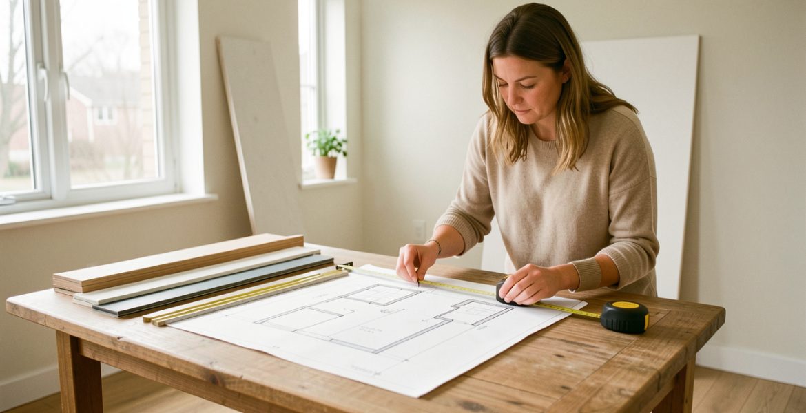 Une propriétaire prend les mesures d’une pièce lumineuse en rénovation tandis qu’un croquis architectural est posé sur une table en bois.