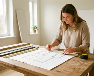 Une propriétaire prend les mesures d’une pièce lumineuse en rénovation tandis qu’un croquis architectural est posé sur une table en bois.