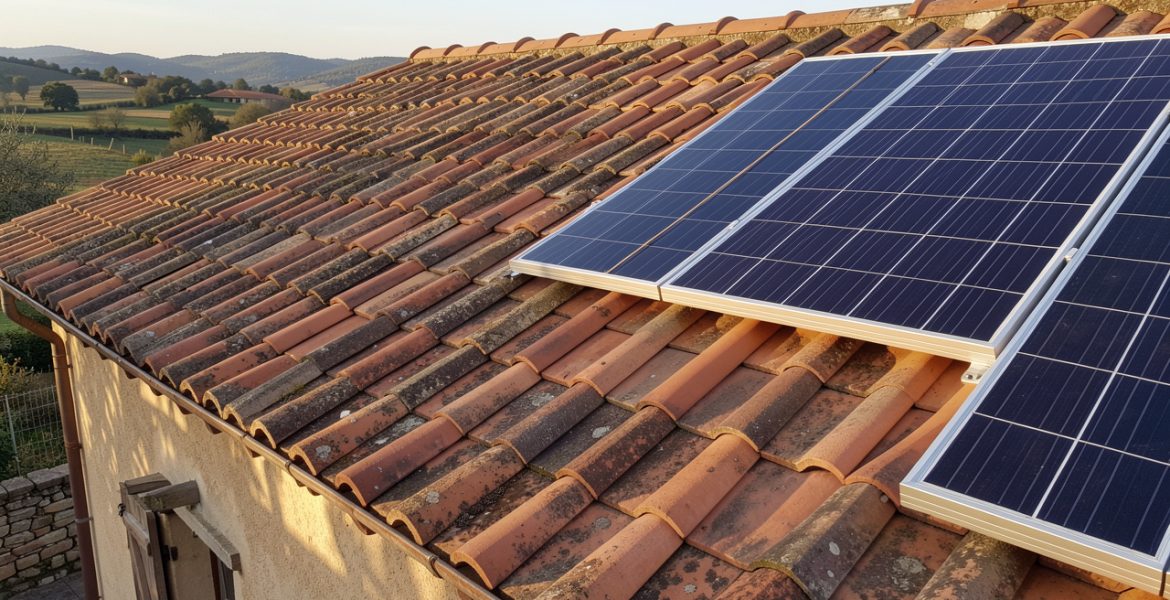 Toiture ancienne en tuiles de terre cuite inspectée à côté de panneaux solaires récemment installés.
